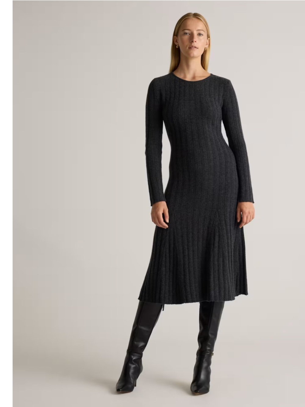 Quince Mongolian Cashmere Wide Rib Knit Long Sleeve Midi Dress Grey XL